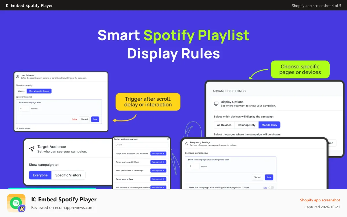 K: Embed Spotify Player Shopify app screenshot: Rules & Triggers