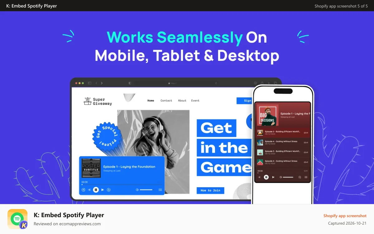 K: Embed Spotify Player Shopify app screenshot: Mobile Responsive