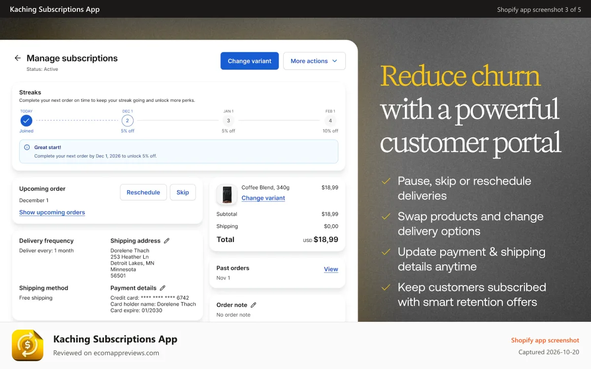 Kaching Subscriptions App Shopify app screenshot: Reduce churn with powerful customer portal