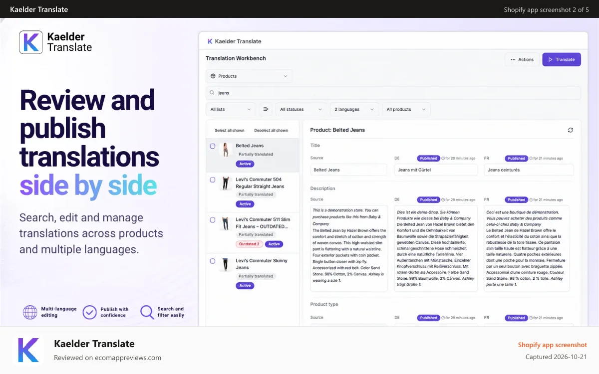 Kaelder Translate Shopify app screenshot: Search, edit and manage translations across multiple languages