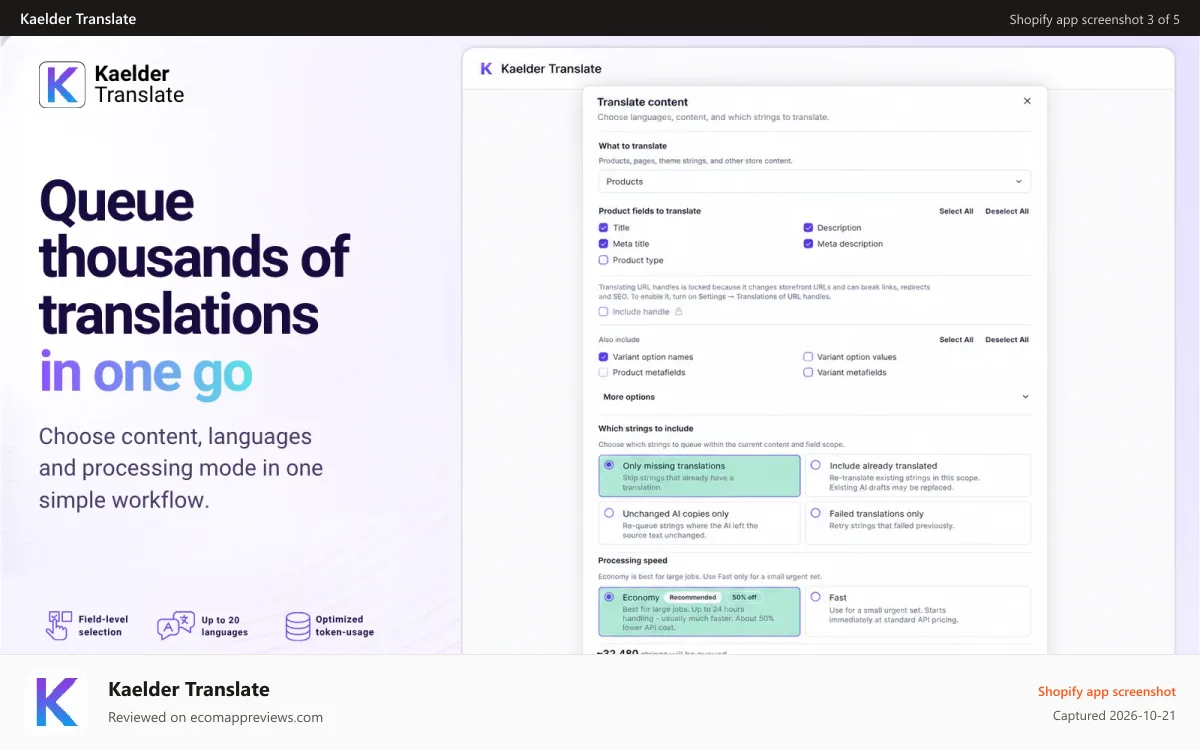 Kaelder Translate Shopify app screenshot: Queue thousands of translations in one go