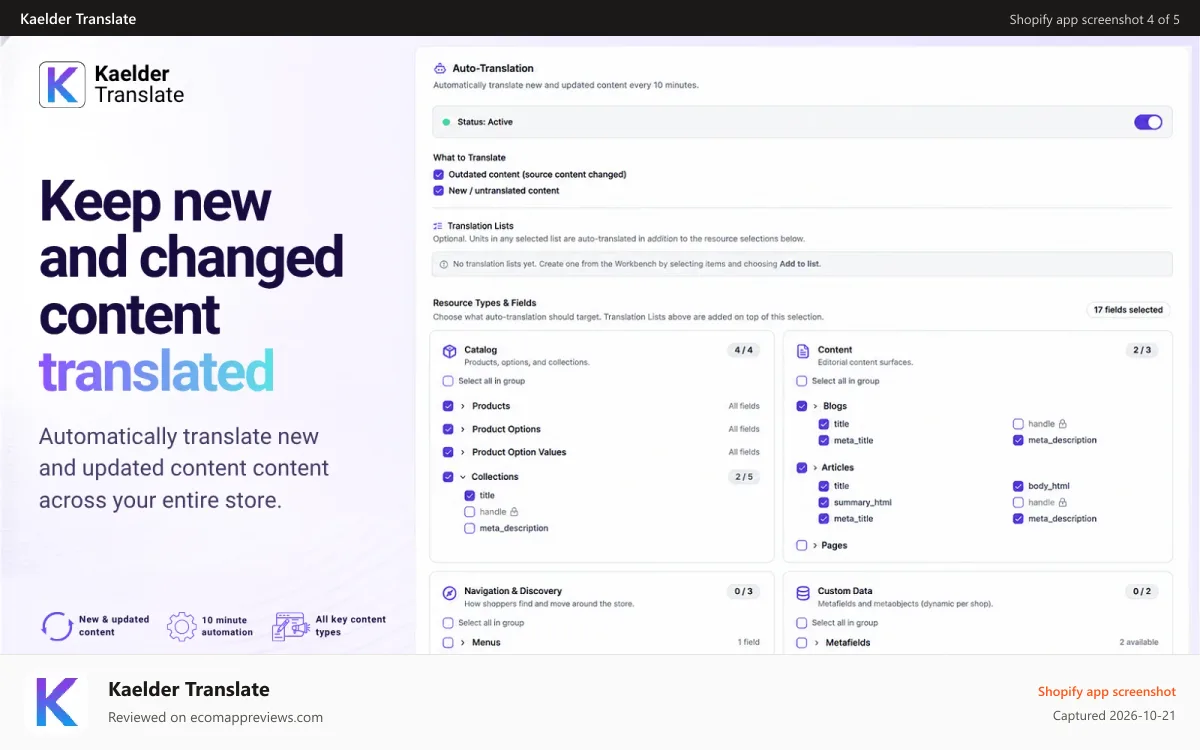 Kaelder Translate Shopify app screenshot: Automatically translate new and updated content