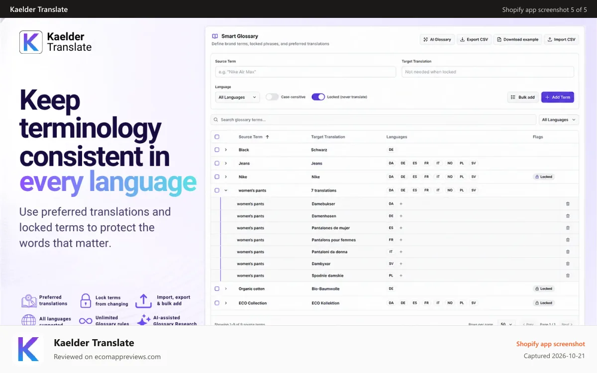 Kaelder Translate Shopify app screenshot: Use preferred translations and locked terms