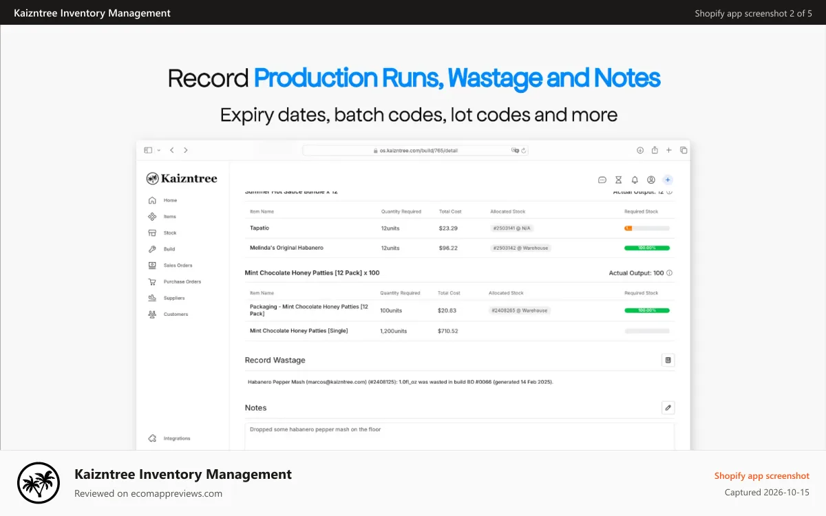 Kaizntree Inventory Management Shopify app screenshot: Record Production, Wastage, COGS and More