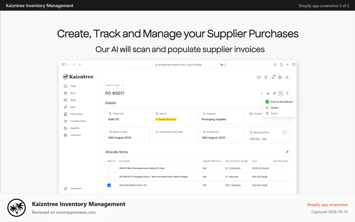 Kaizntree Inventory Management Shopify app screenshot: Create, Track and Sync Supplier Purchases