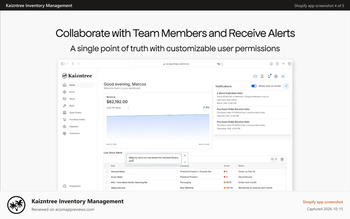 Kaizntree Inventory Management Shopify app screenshot: Collaborate with Team Members and Receive Notifications