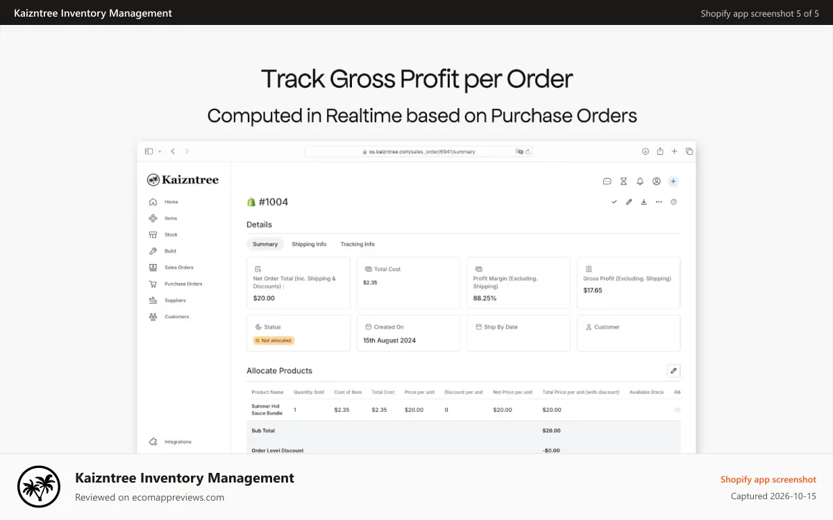 Kaizntree Inventory Management Shopify app screenshot: Know COGS and Gross Profit per Order and Per Product