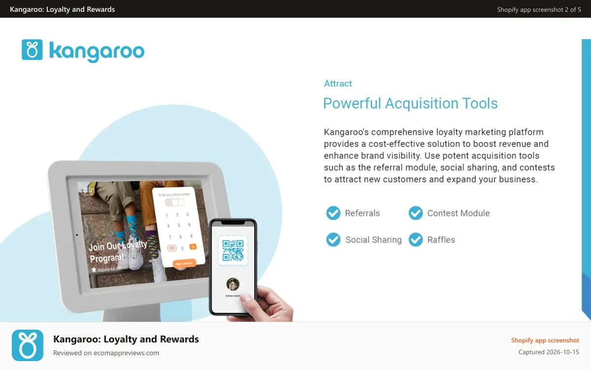 Kangaroo: Loyalty and Rewards Shopify app screenshot: Attract new customers with the referral module, contests & more