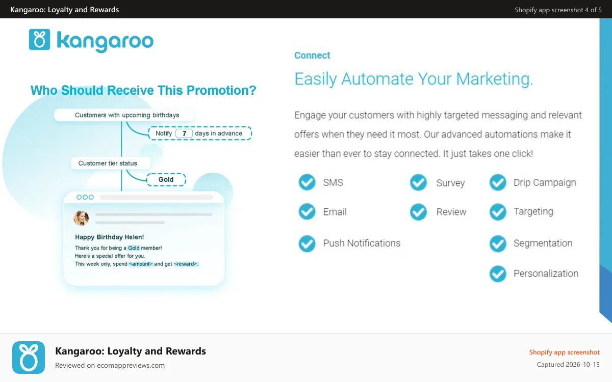 Kangaroo: Loyalty and Rewards Shopify app screenshot: Connect with more customers with marketing automations.