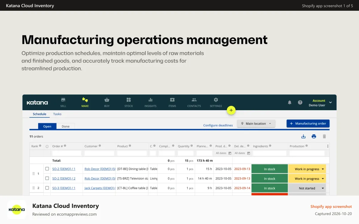 Katana Cloud Inventory Shopify app screenshot: Manufacturing operations management with production scheduling
