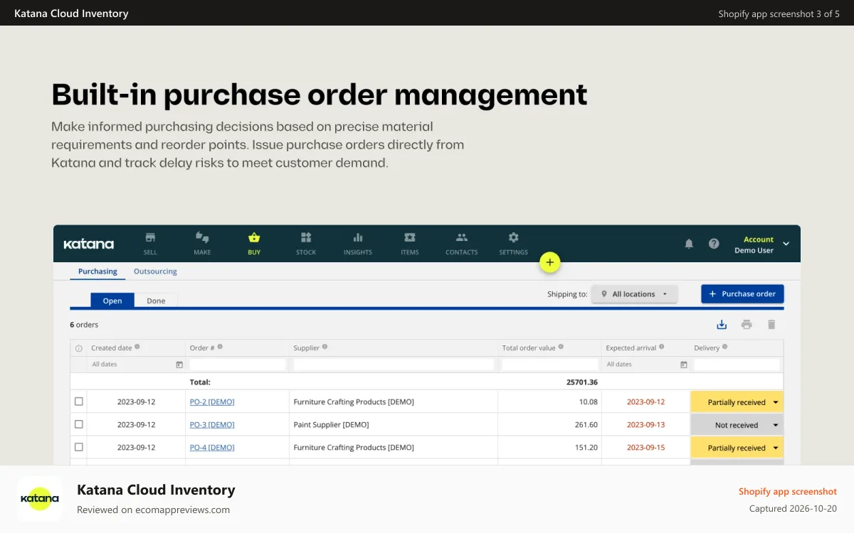 Katana Cloud Inventory Shopify app screenshot: Purchase order management with reorder points and materials