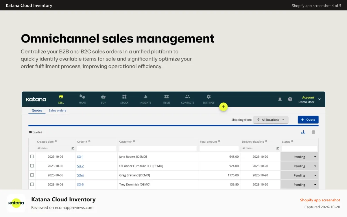Katana Cloud Inventory Shopify app screenshot: Omnichannel sales management to optimize your order fulfillment