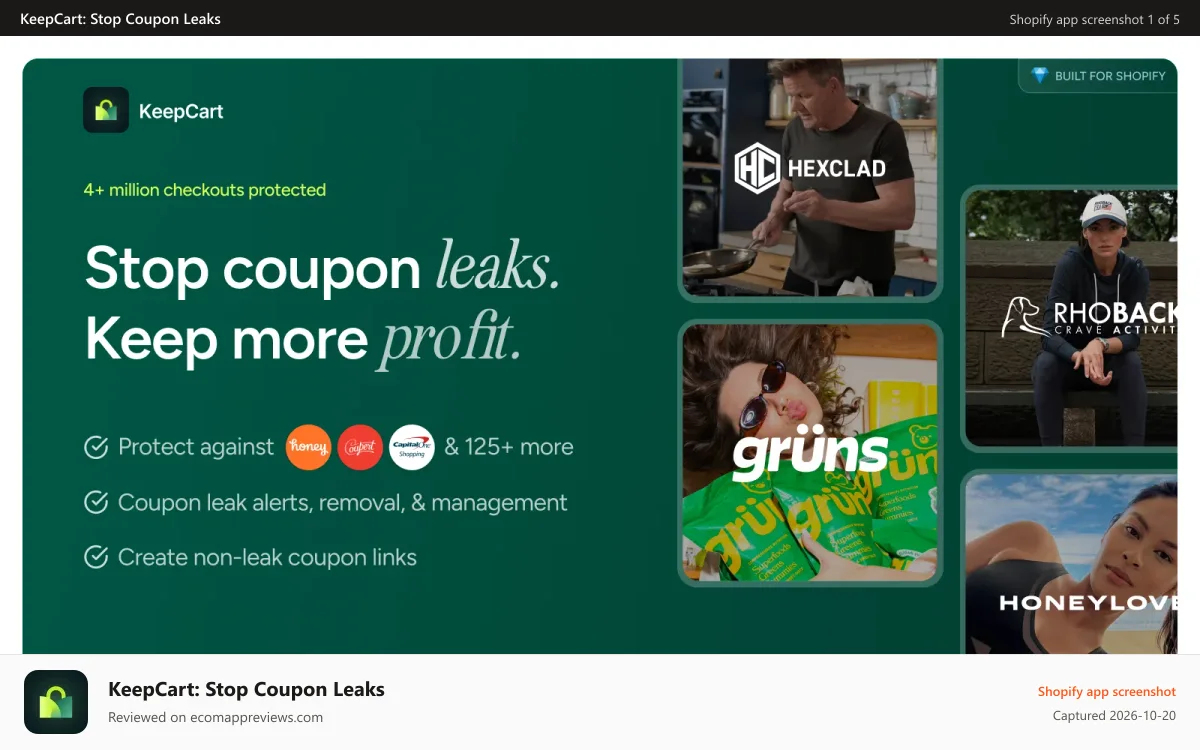 KeepCart: Stop Coupon Leaks Shopify app screenshot: Protect your store against coupons leaks. Keep more margins.