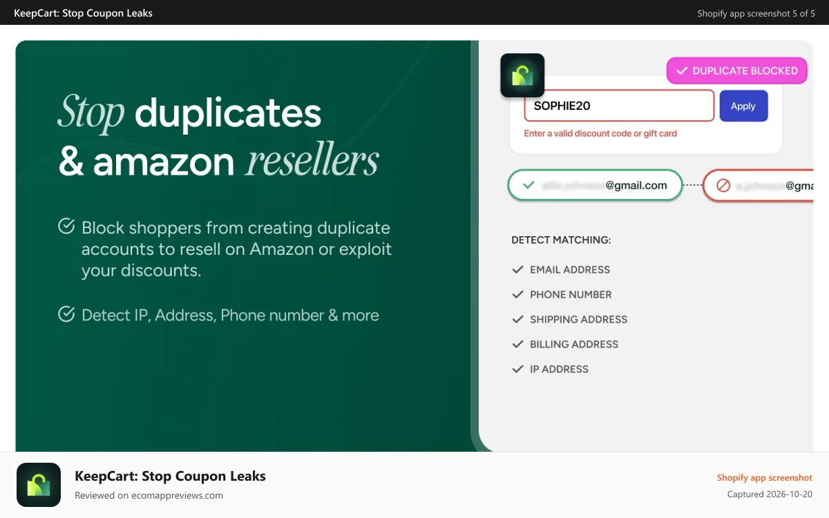 KeepCart: Stop Coupon Leaks Shopify app screenshot: Detect duplicate account fraud/abuse - Stop amazon resellers