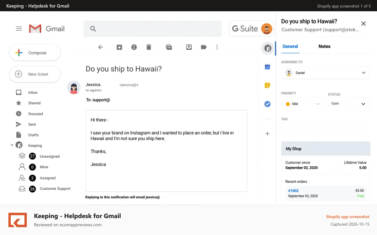Keeping ‑ Helpdesk for Gmail Shopify app screenshot: Shopify data right in Gmail with Keeping
