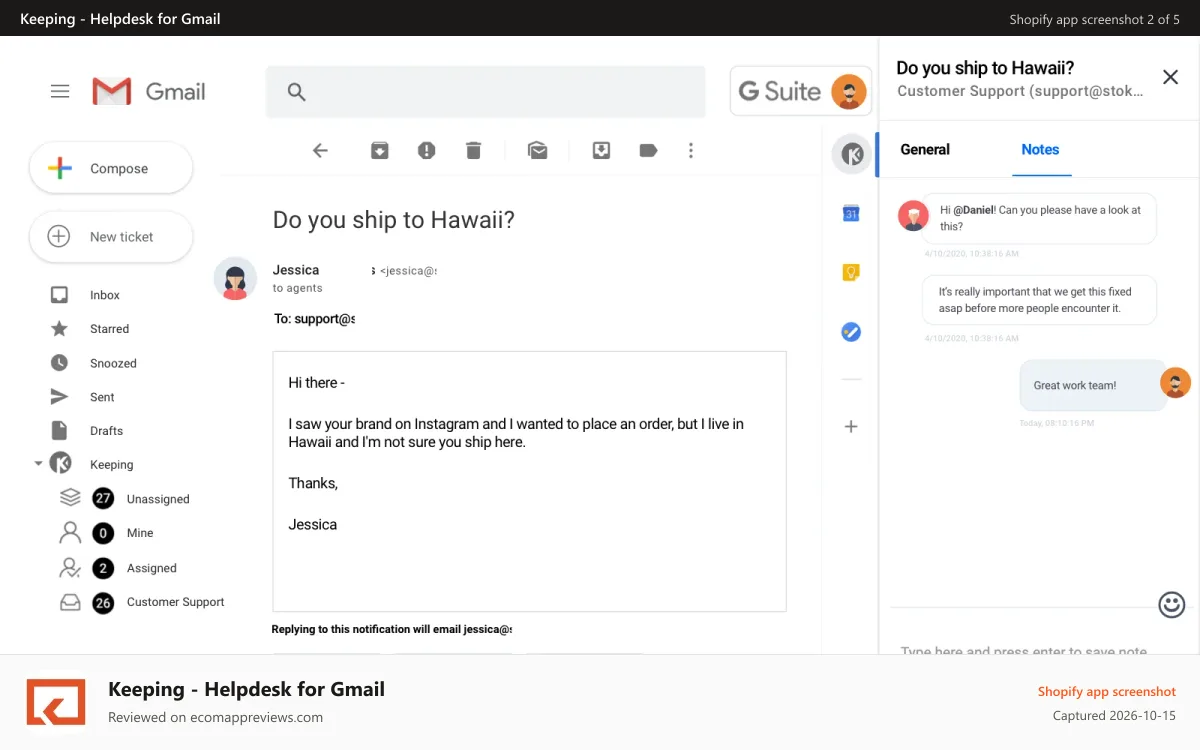 Keeping ‑ Helpdesk for Gmail Shopify app screenshot: Leave private notes on a Keeping ticket