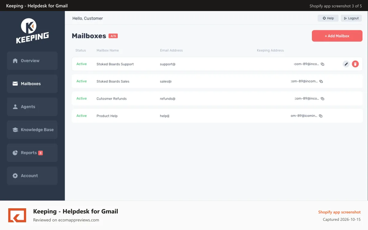 Keeping ‑ Helpdesk for Gmail Shopify app screenshot: Manage multiple mailboxes with Keeping