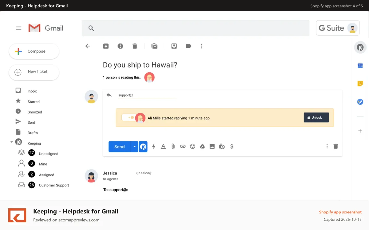 Keeping ‑ Helpdesk for Gmail Shopify app screenshot: Stop duplicate replies with Keeping