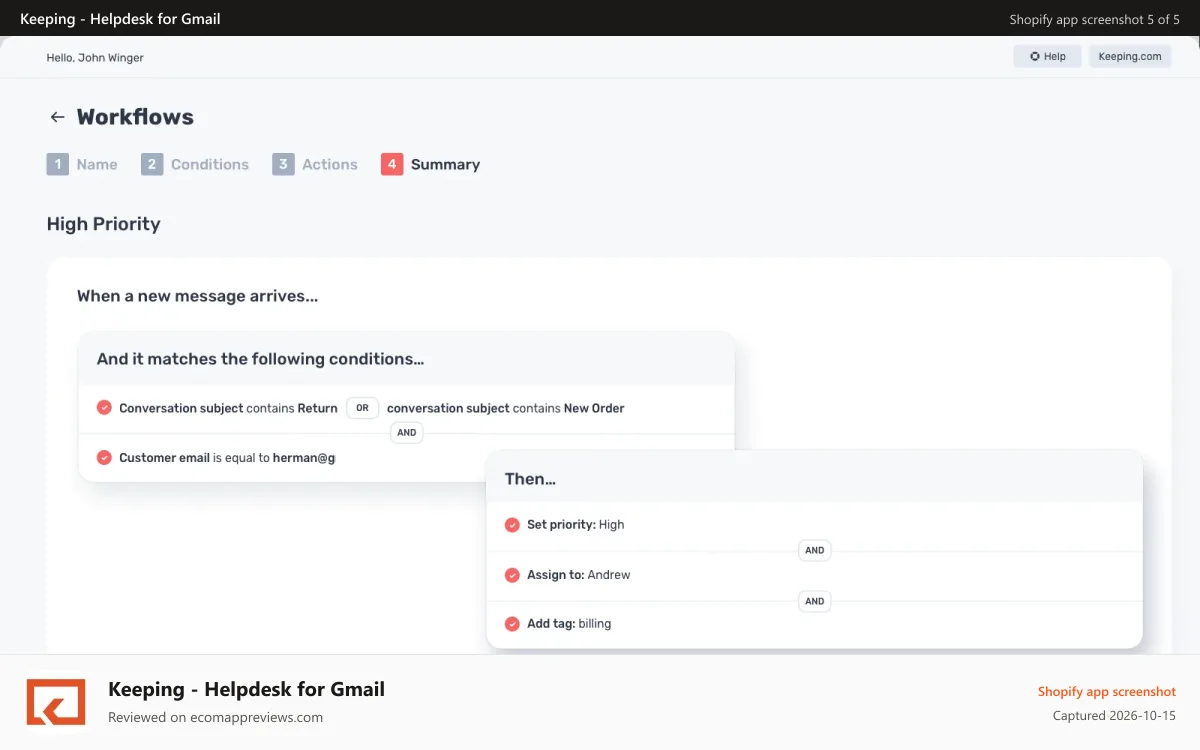 Keeping ‑ Helpdesk for Gmail Shopify app screenshot: Powerful workflows automate your inbox with Keeping