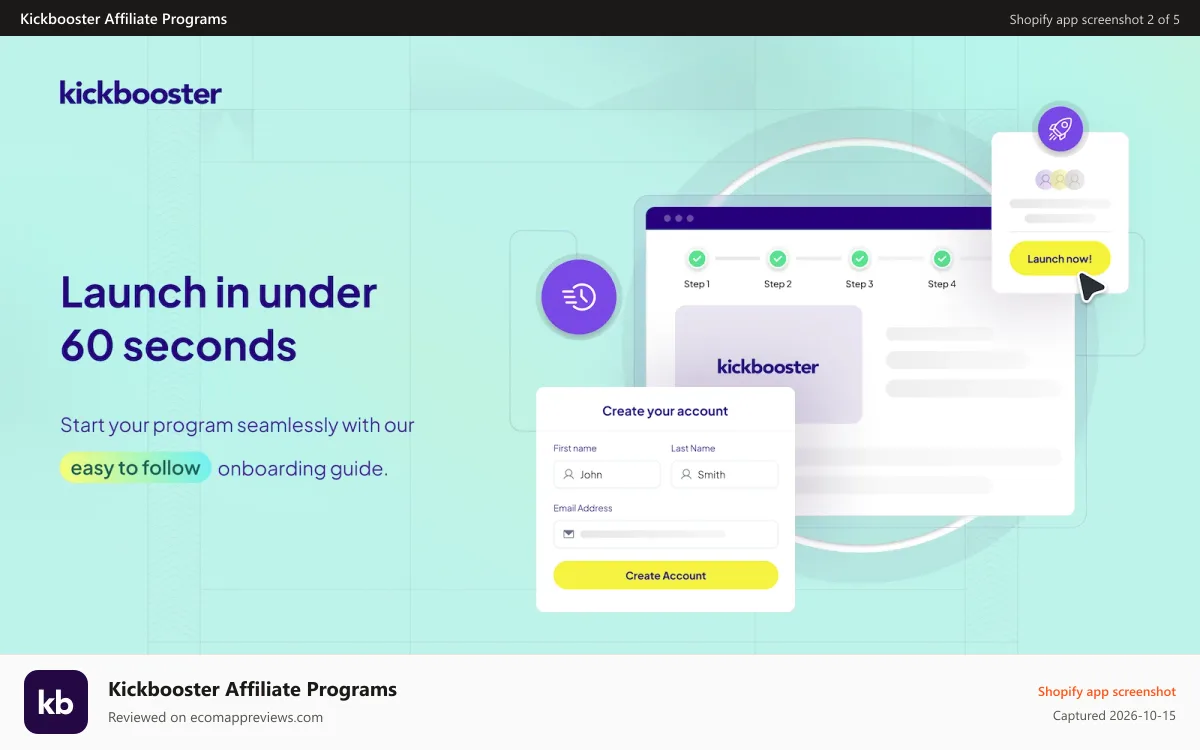 Kickbooster Affiliate Programs Shopify app screenshot: Quick Setup
