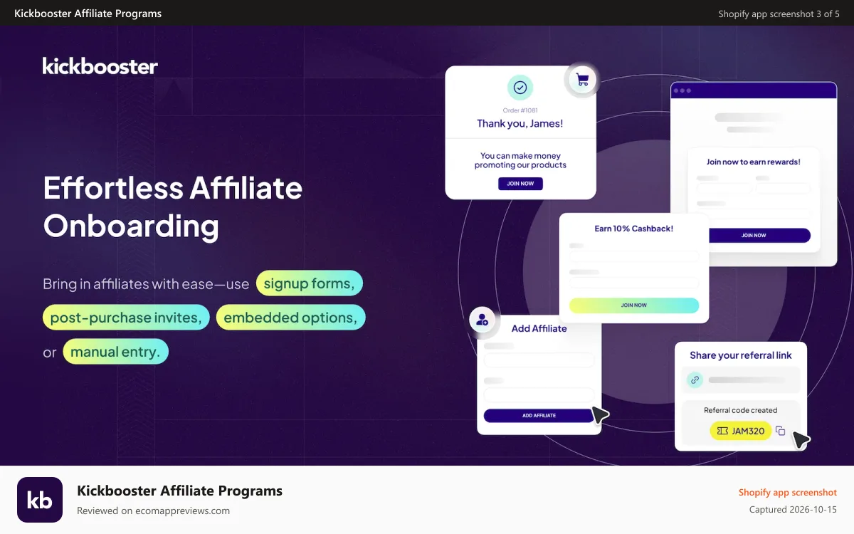Kickbooster Affiliate Programs Shopify app screenshot: Effortless Affiliate Onboarding