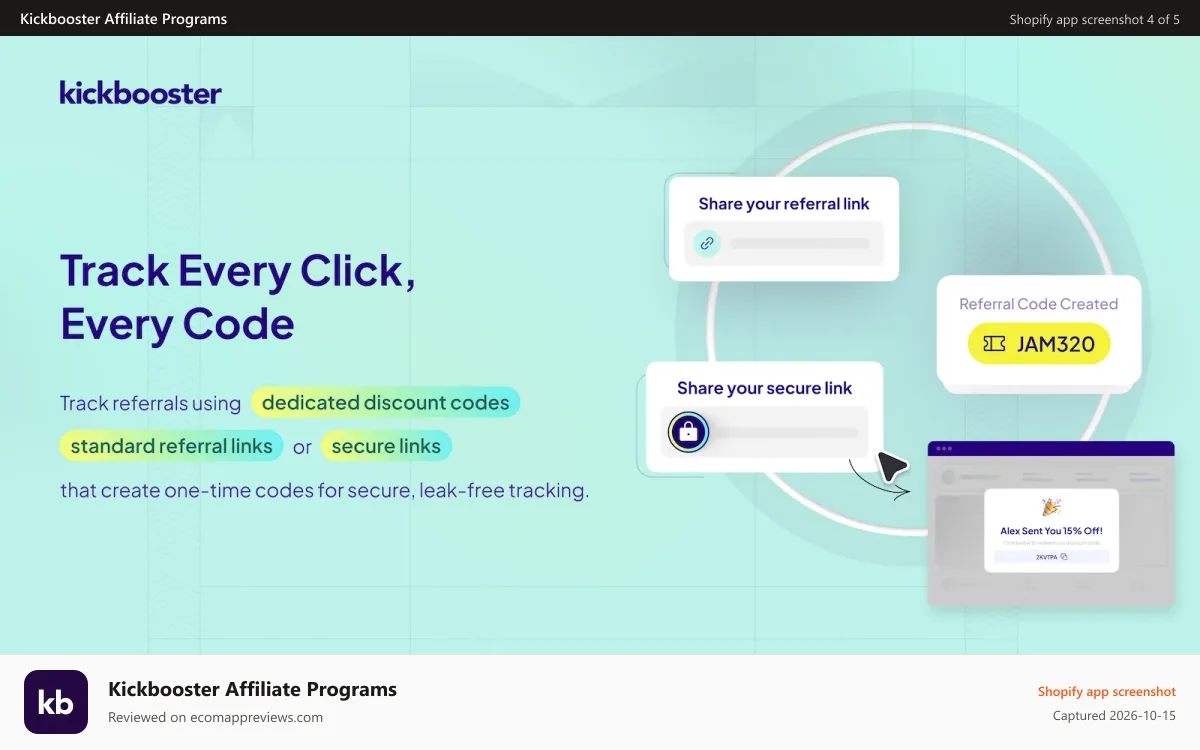 Kickbooster Affiliate Programs Shopify app screenshot: Track Every Click, Every Code