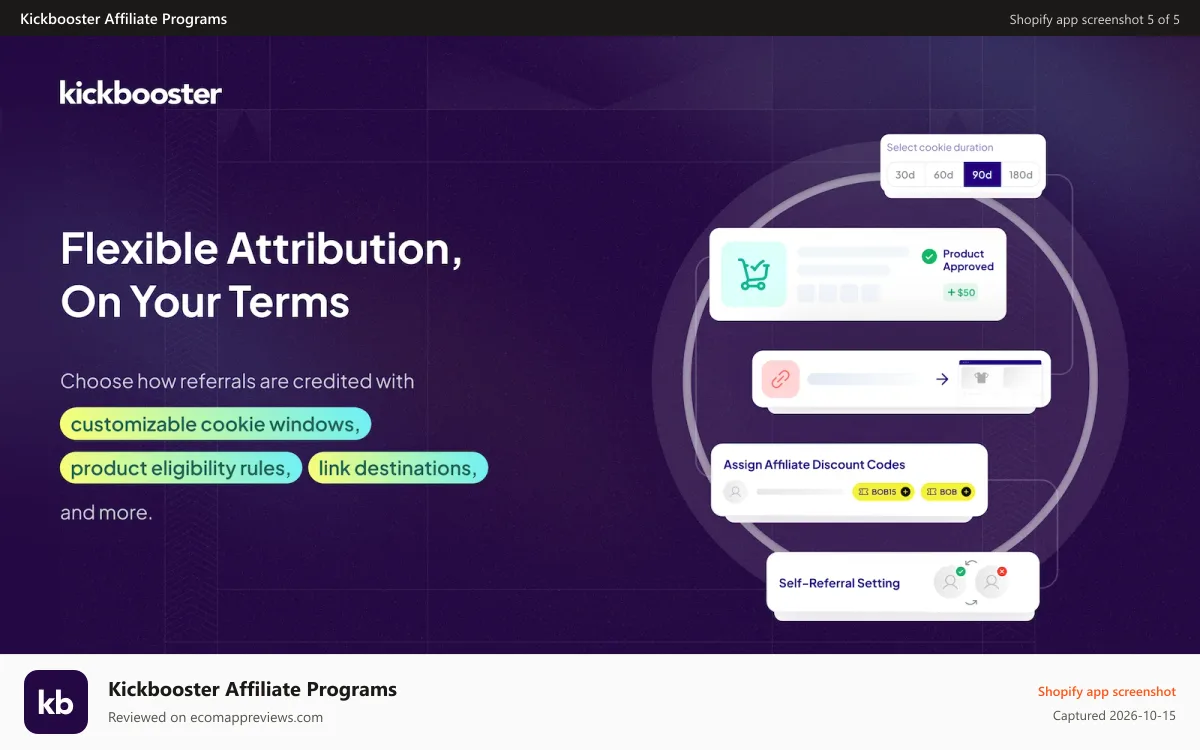 Kickbooster Affiliate Programs Shopify app screenshot: Flexible Attribution, On Your Terms
