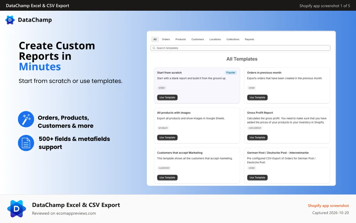 DataChamp Excel & CSV Export Shopify app screenshot: Custom Exports