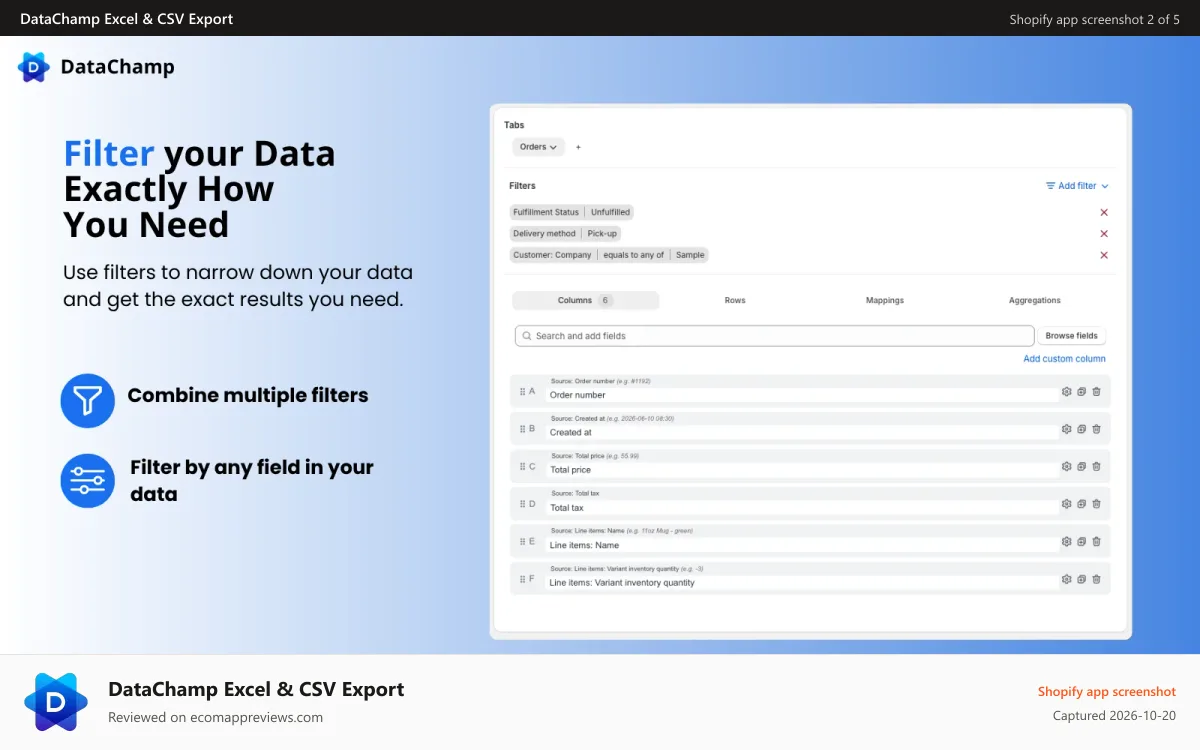 DataChamp Excel & CSV Export Shopify app screenshot: Filter