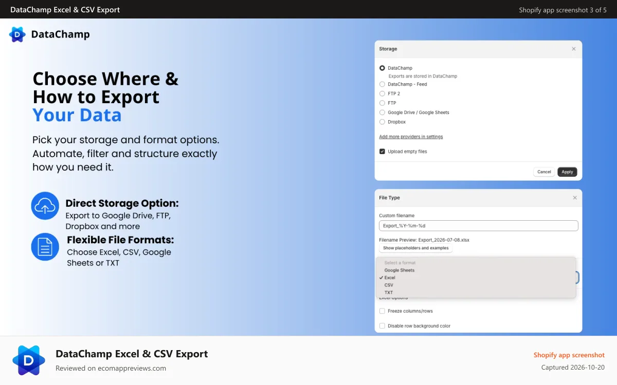 DataChamp Excel & CSV Export Shopify app screenshot: Export