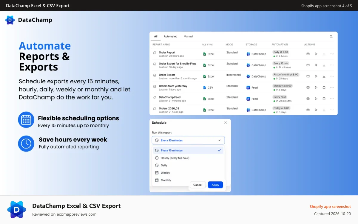DataChamp Excel & CSV Export Shopify app screenshot: Schedule