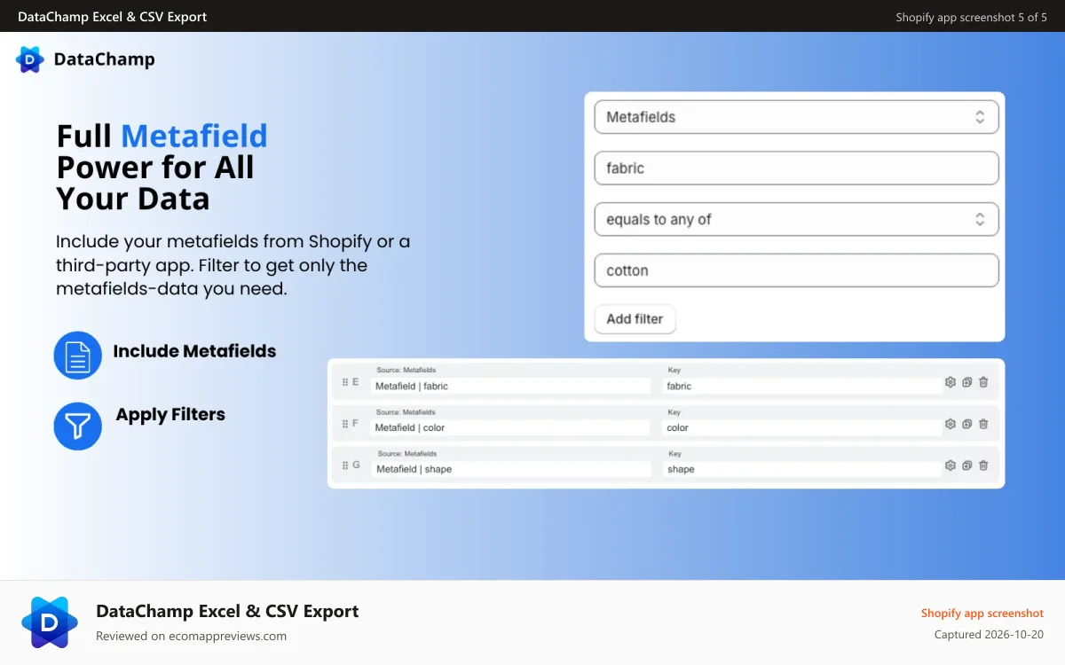 DataChamp Excel & CSV Export Shopify app screenshot: Metafields