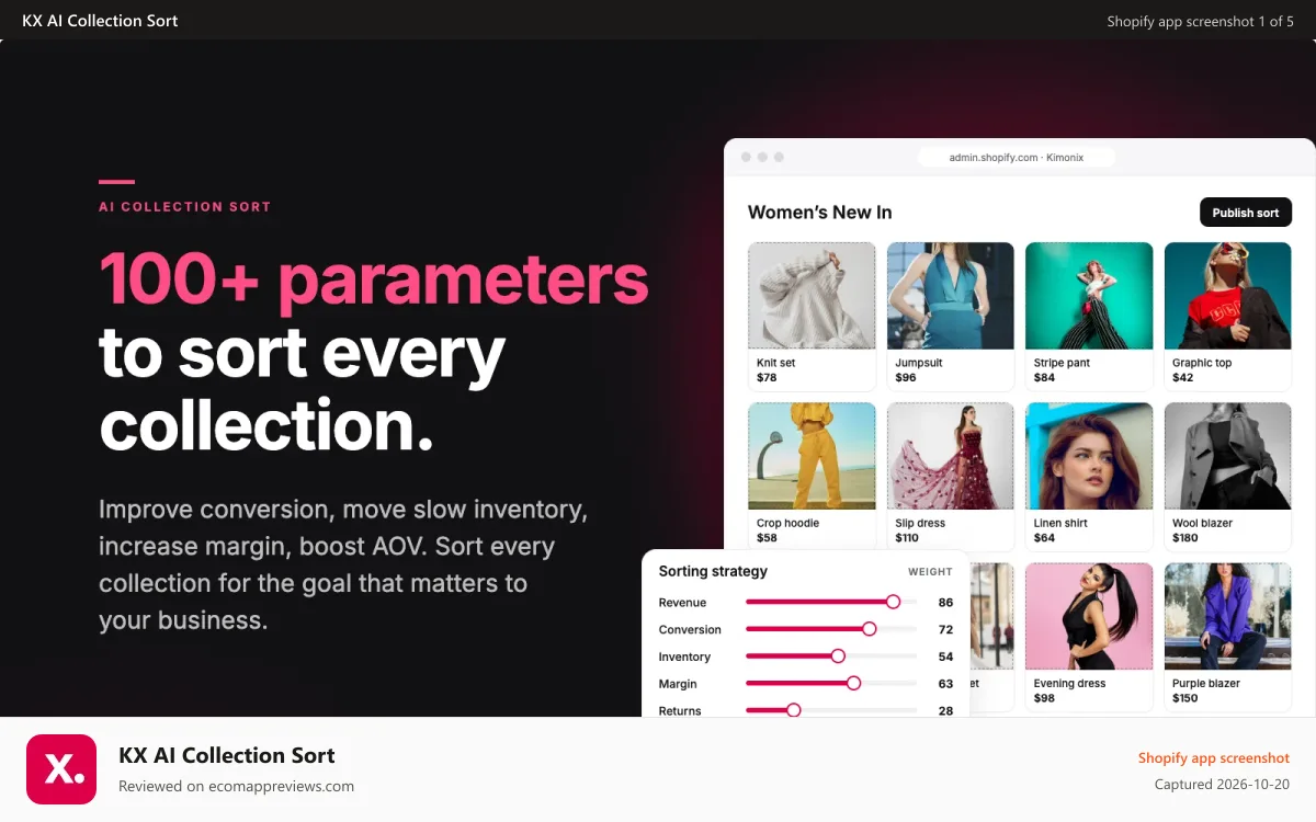 KX AI Collection Sort Shopify app screenshot: Kimonix AI collection sorting by 100+ parameters in Shopify