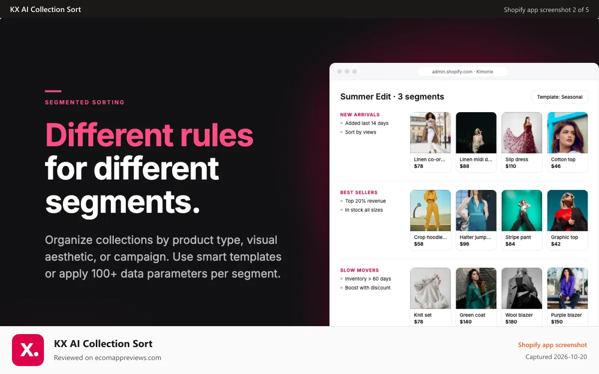 KX AI Collection Sort Shopify app screenshot: Sorting rules per segment in one Shopify collection