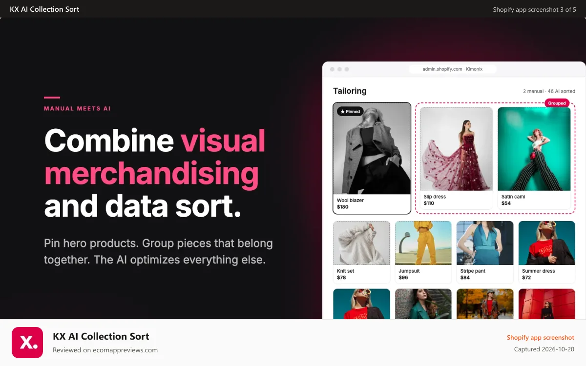 KX AI Collection Sort Shopify app screenshot: Pin and group products manually while AI sorts the rest