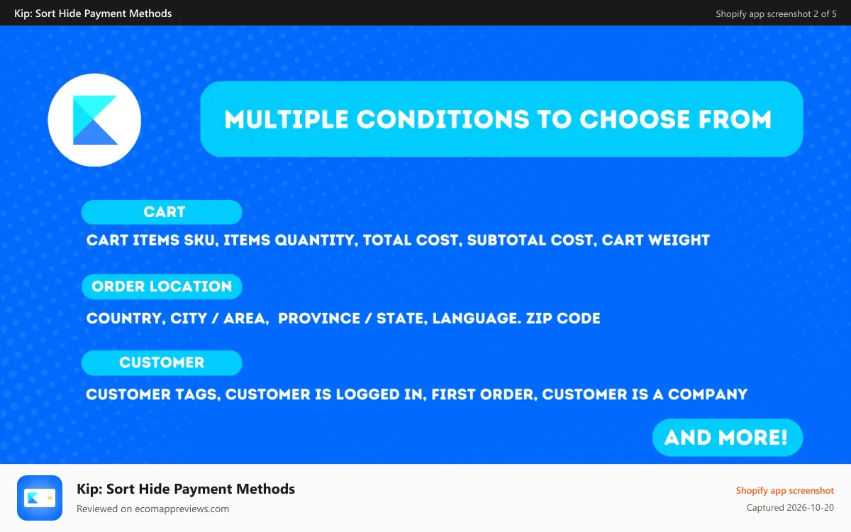 Kip: Sort Hide Payment Methods Shopify app screenshot: Multiple conditions to choose from