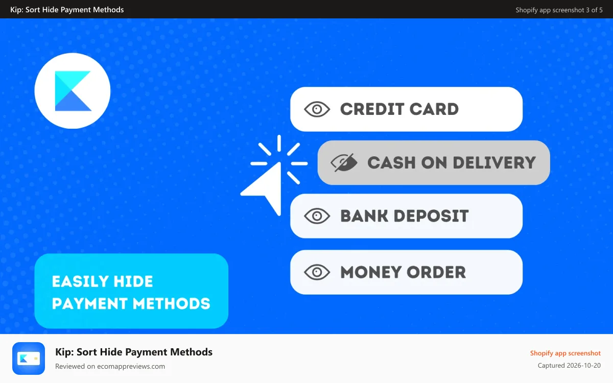 Kip: Sort Hide Payment Methods Shopify app screenshot: easily Hide payment methods