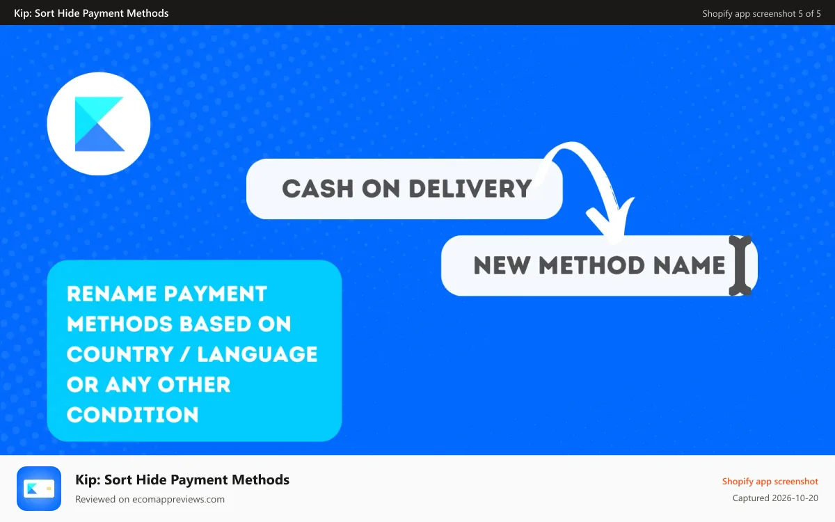 Kip: Sort Hide Payment Methods Shopify app screenshot: Rename payment methods based on country / language