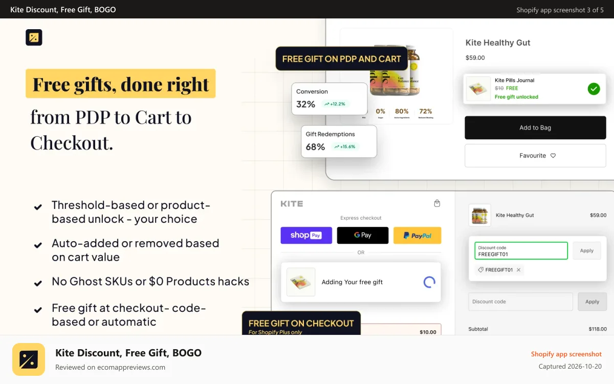 Kite Discount, Free Gift, BOGO Shopify app screenshot: Customize frontend with native progress bars, widgets & messages