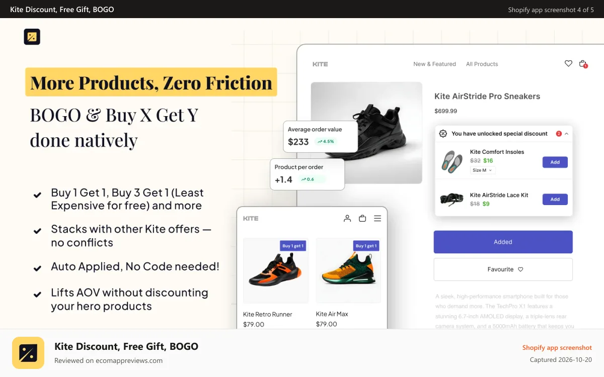 Kite Discount, Free Gift, BOGO Shopify app screenshot: Complex custom discount logic for BOGO, Buy X Get Y, tiered offe