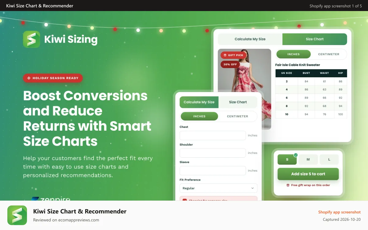 Kiwi Size Chart & Recommender Shopify app screenshot: Boost conversions and reduce returns with smart size charts