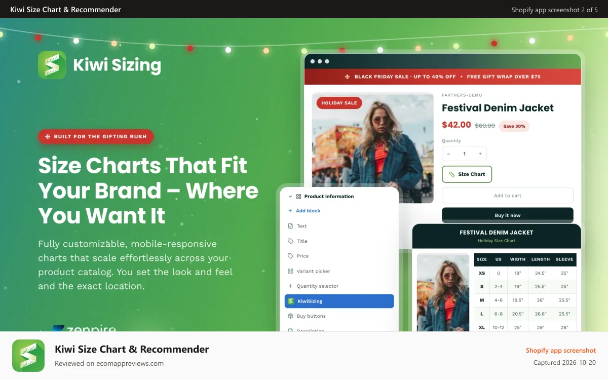 Kiwi Size Chart & Recommender Shopify app screenshot: Create on brand size charts and place them wherever you'd like