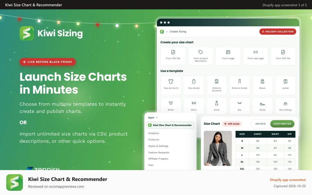Kiwi Size Chart & Recommender Shopify app screenshot: Launch new charts via upload or create from a template