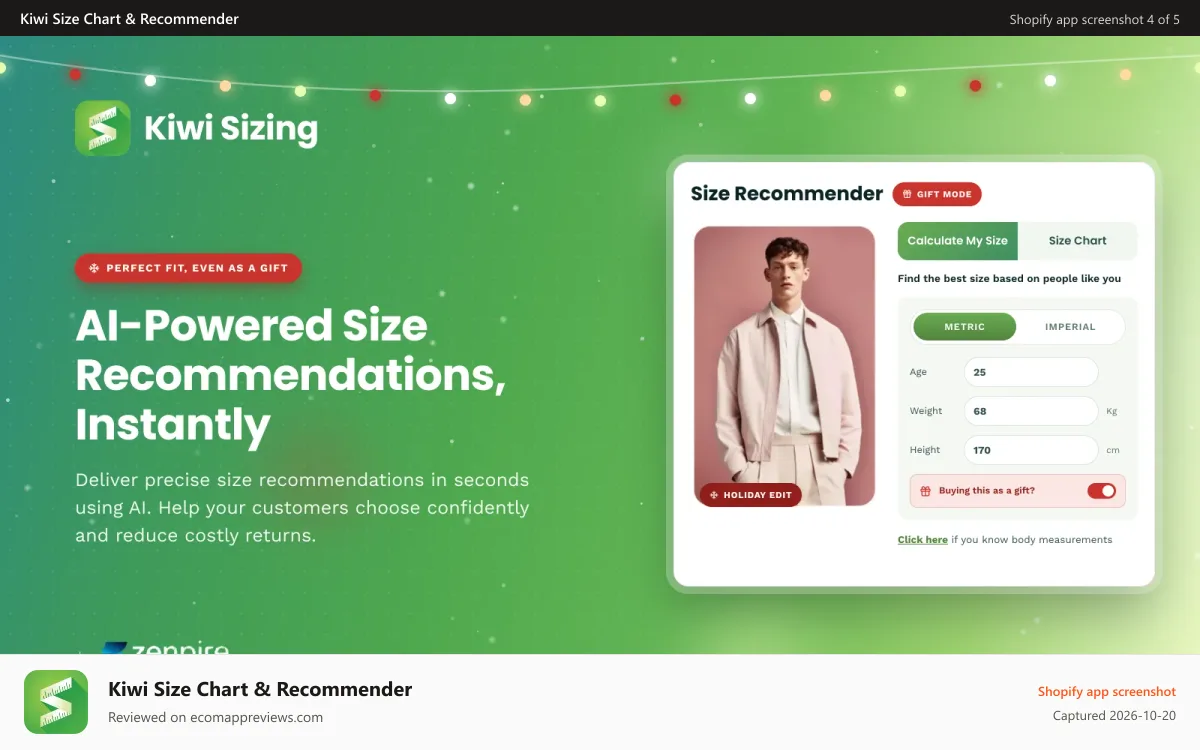 Kiwi Size Chart & Recommender Shopify app screenshot: Recommend the perfect size every time with AI