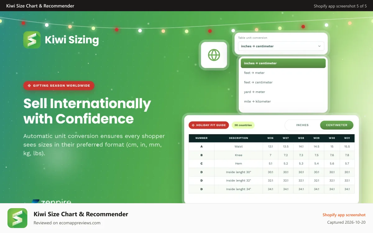 Kiwi Size Chart & Recommender Shopify app screenshot: Automatically update sizing units based on customer location