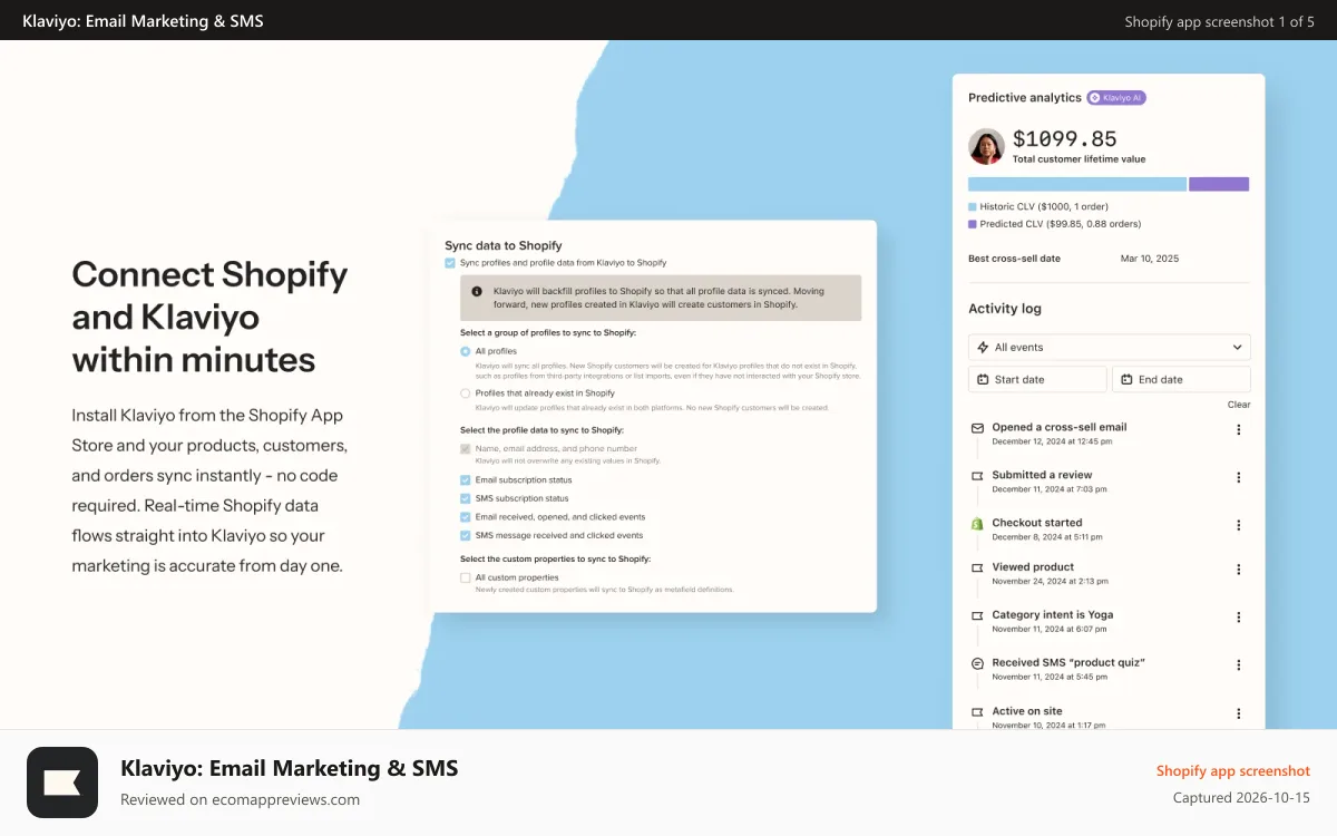 Klaviyo: Email Marketing & SMS Shopify app screenshot: Connect Klaviyo and Shopify in minutes to start email marketing