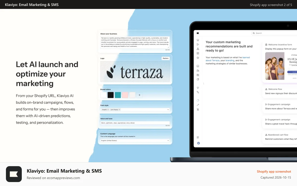 Klaviyo: Email Marketing & SMS Shopify app screenshot: Klaviyo AI marketing tools to supercharge your Shopify store
