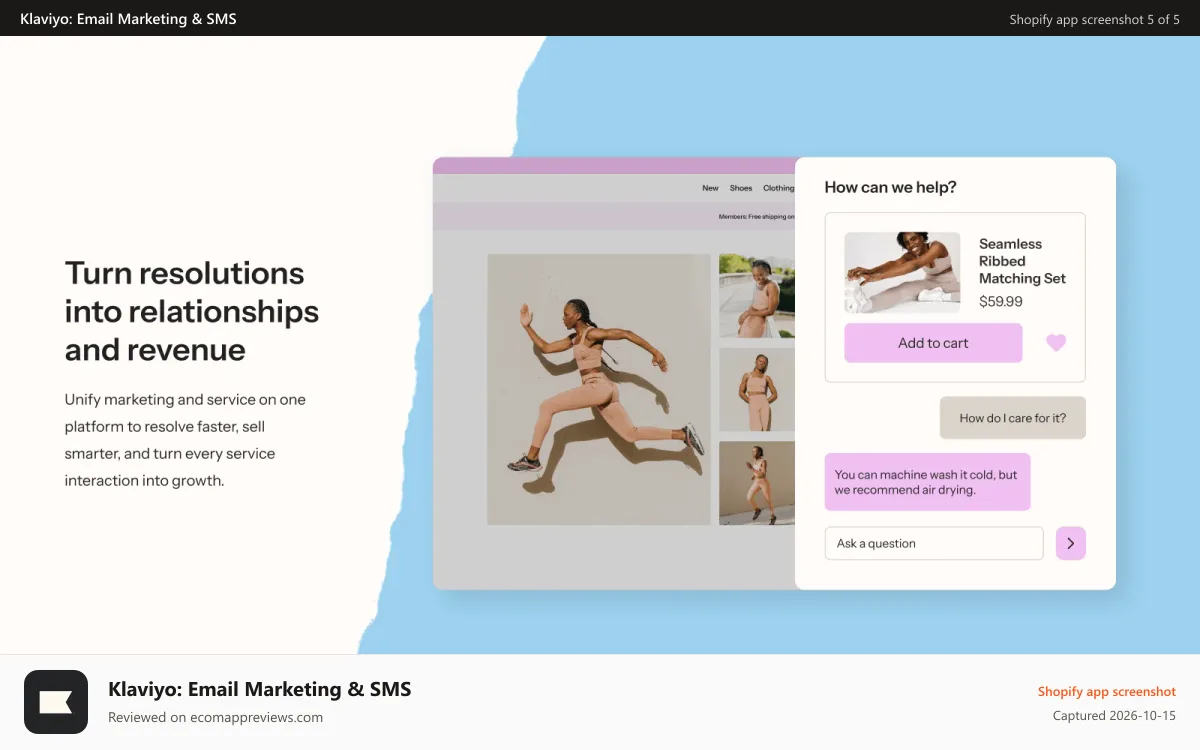 Klaviyo: Email Marketing & SMS Shopify app screenshot: Unify marketing and customer service with Customer Hub & Agent