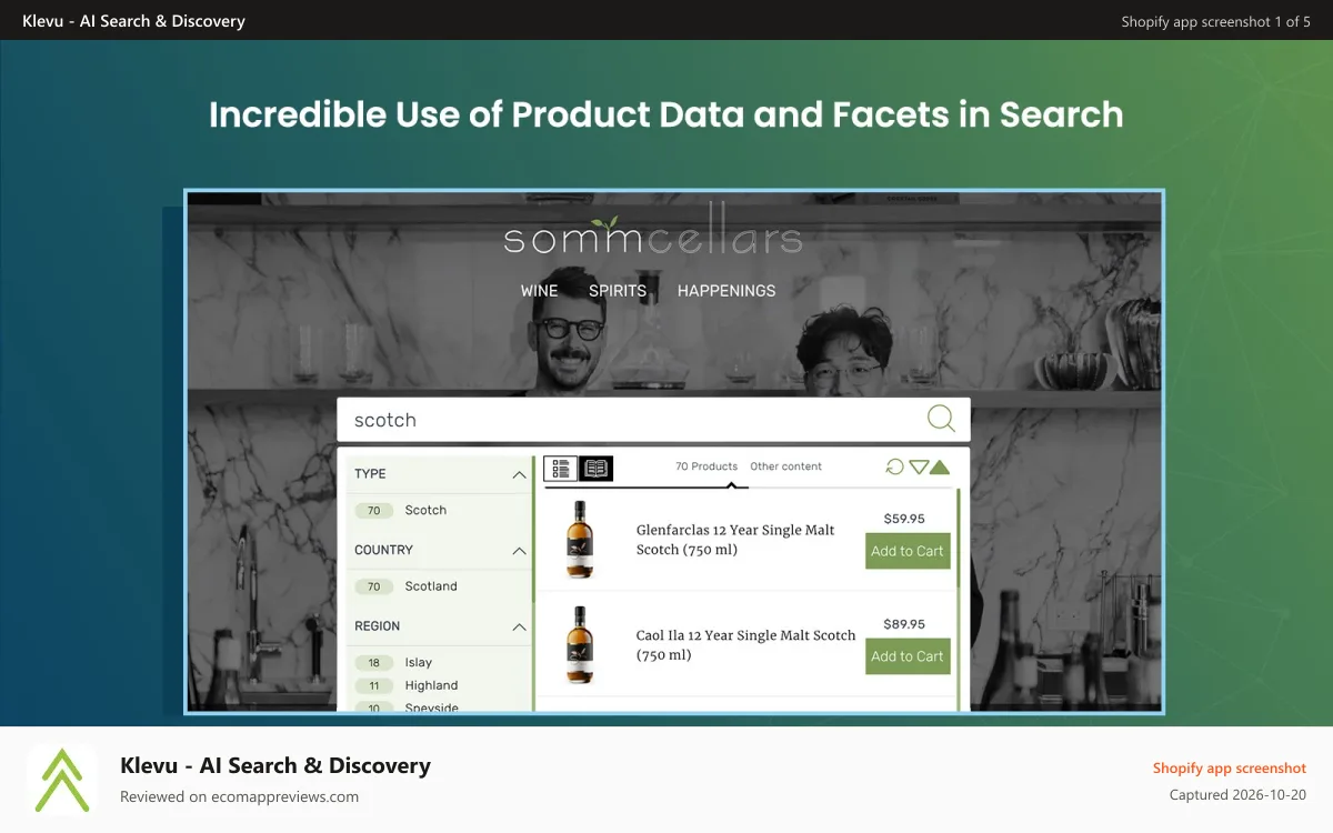 Klevu ‑ AI Search & Discovery Shopify app screenshot: product data and facets powered in advanced search