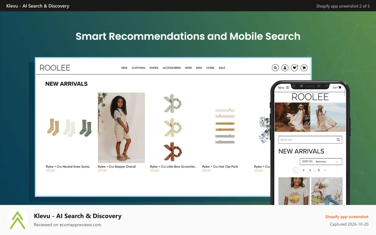 Klevu ‑ AI Search & Discovery Shopify app screenshot: smart recommendations and mobile search